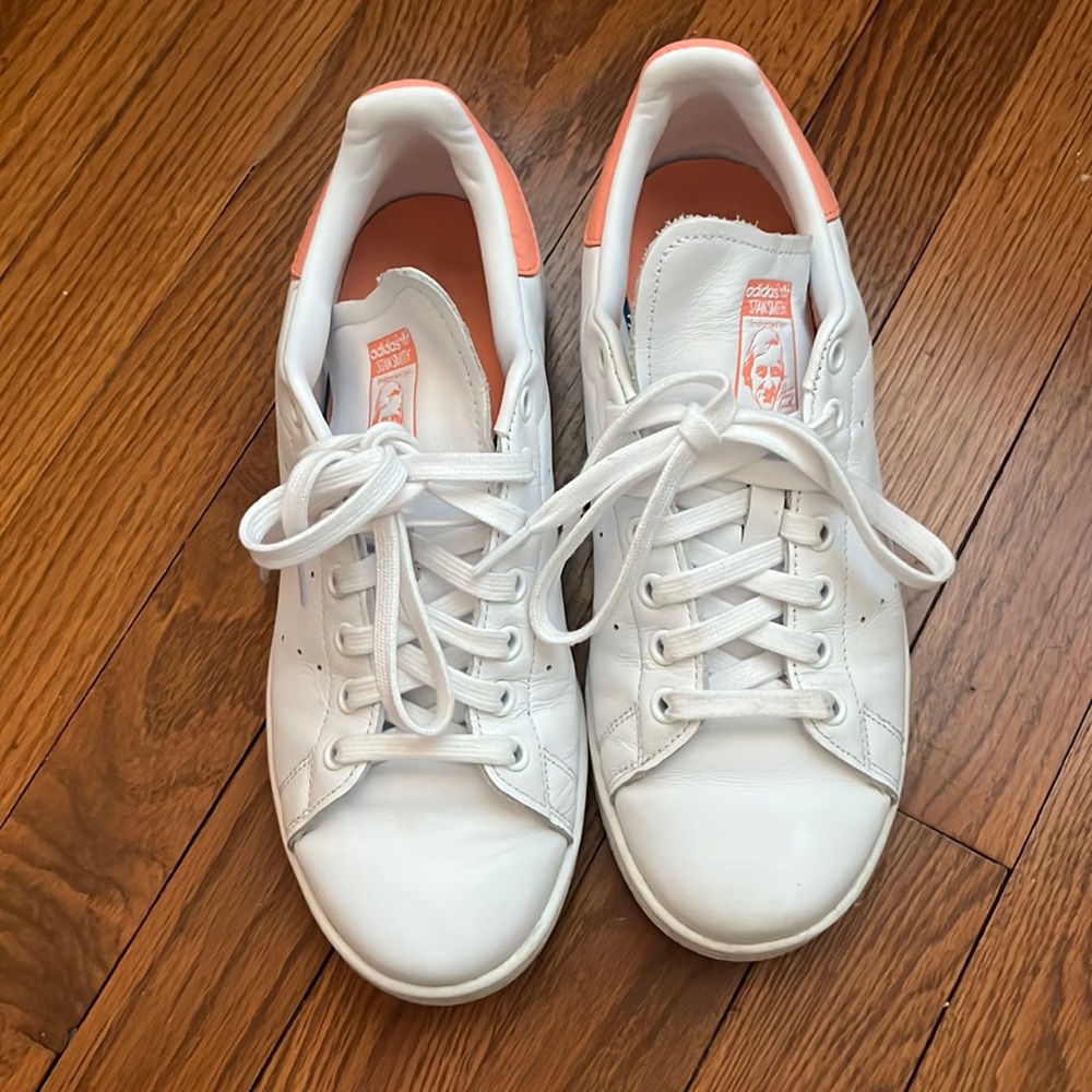 Peach and White Adidas Stan Smiths